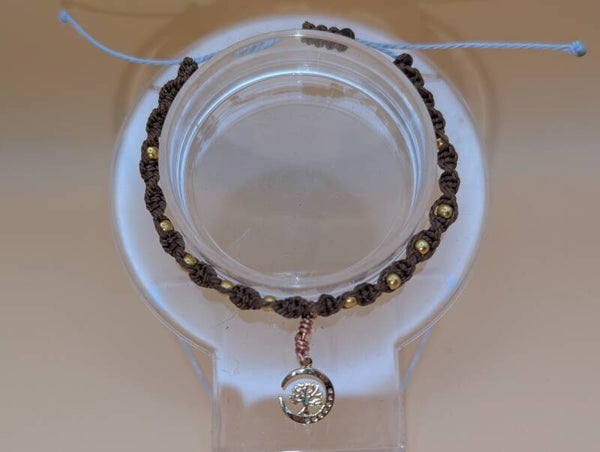 Bracelet torsade brun perles dorées insert arbre de vie