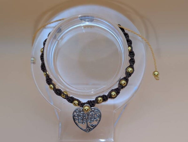 Bracelet torsade brun perles dorées insert coeur arbre de vie