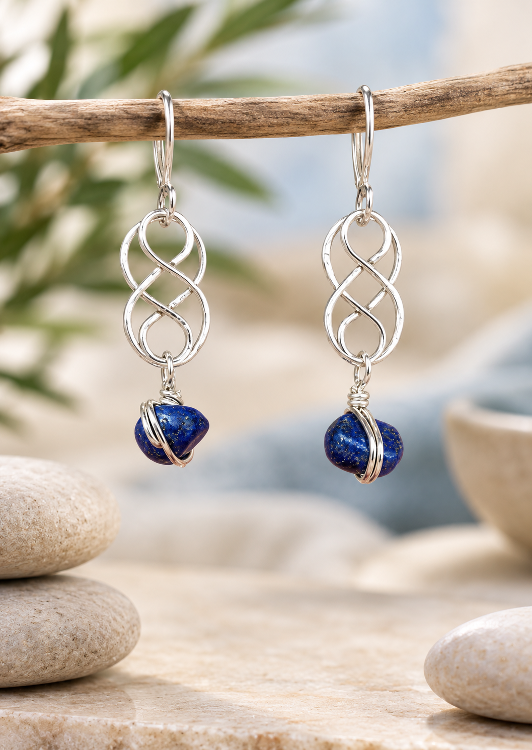 Boucles d'oreilles lapis lazuli pierres roulées et cuivre argenté