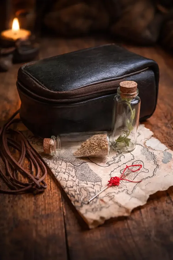 Leather Apothecary Bag with Two Glass Vials