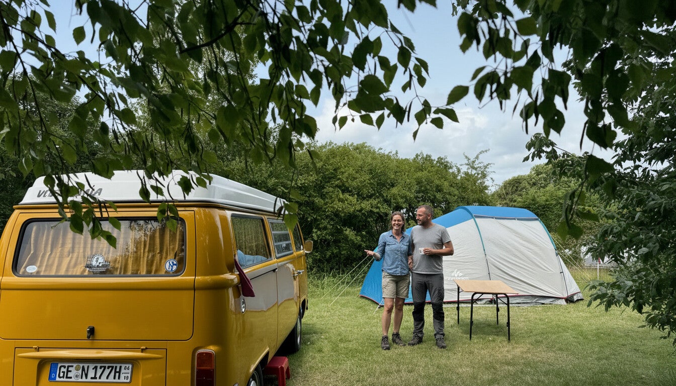 Ruime kampeerplaats met tent, caravan en camper op Camping De Vrolijke Molen