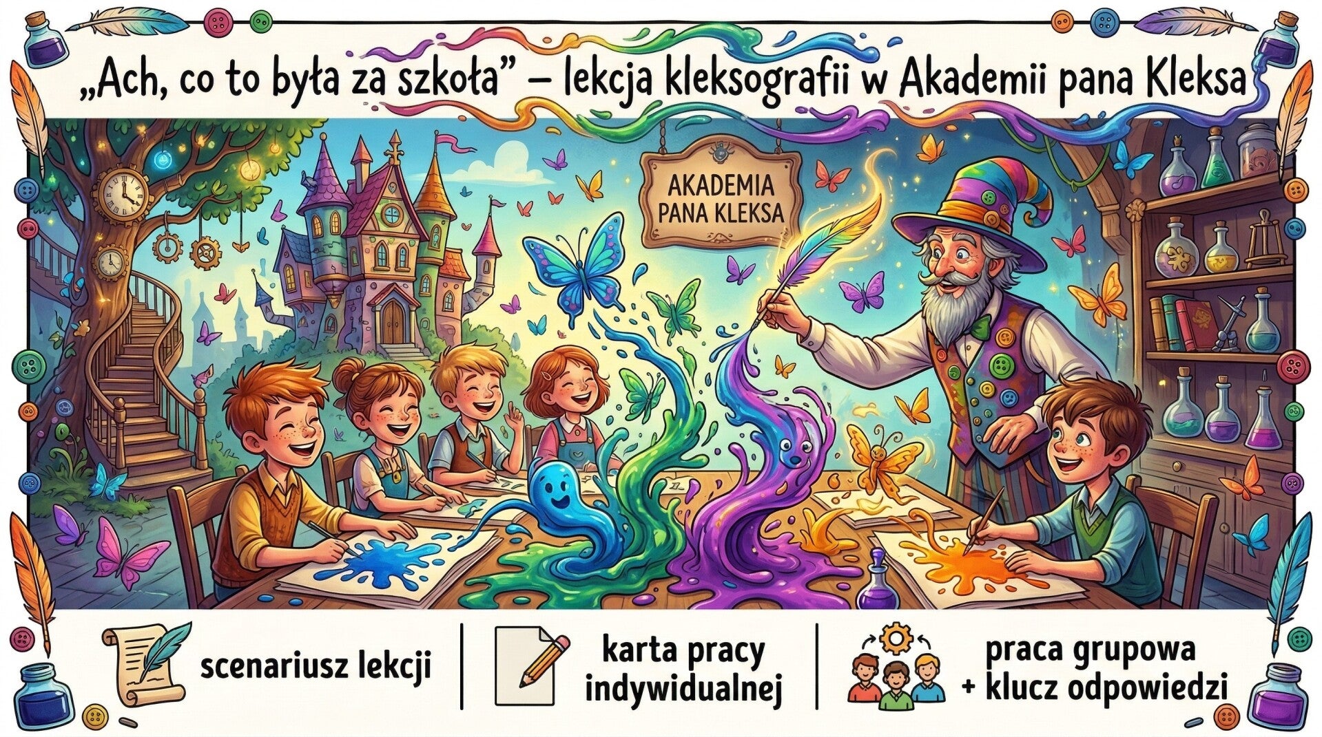 „Ach, co to była za szkoła!” – lekcja kleksografii w Akademii pana Kleksa | scenariusz + karta pracy + praca grupowa + klucz odpowiedzi