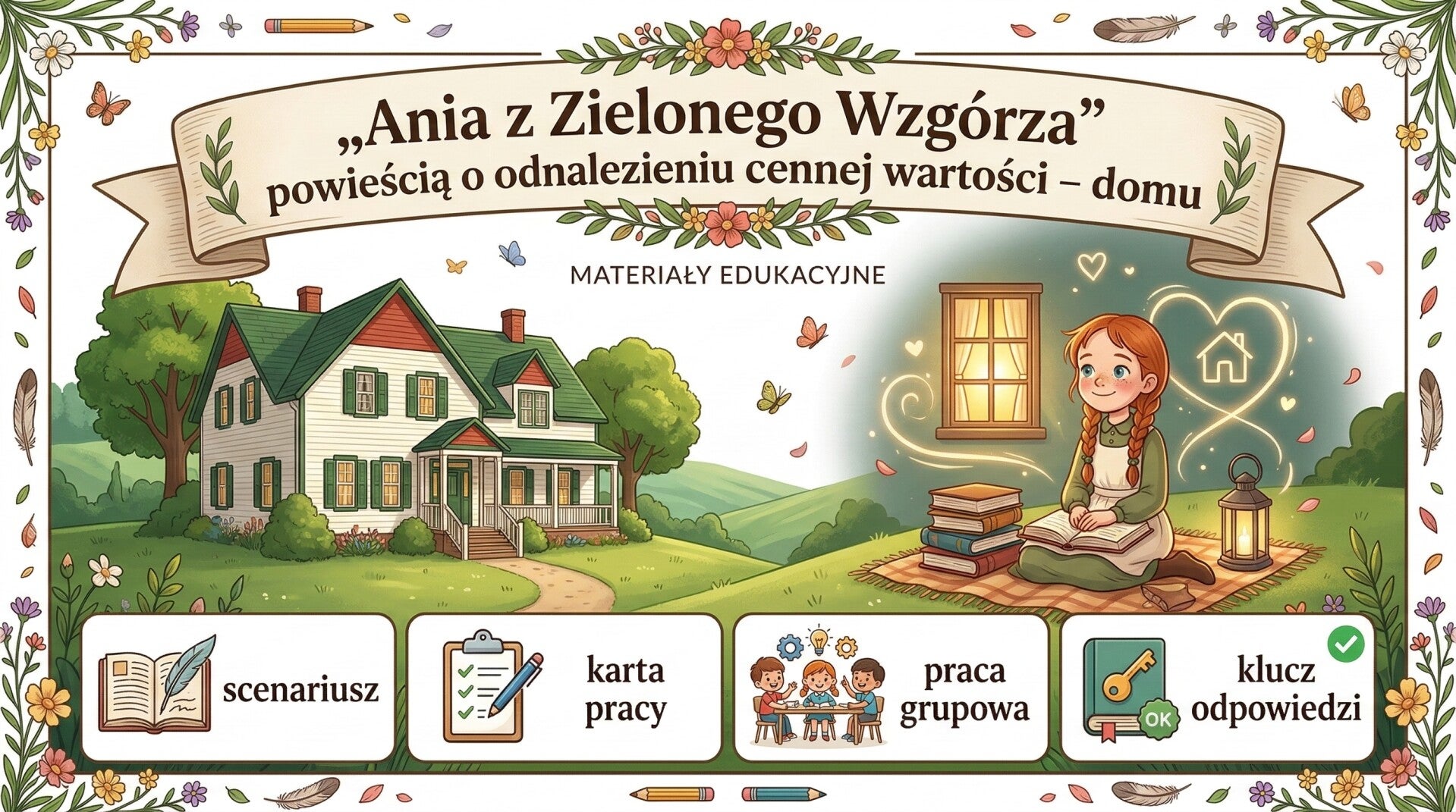 „Ania z Zielonego Wzgórza” powieścią o odnalezieniu cennej wartości – domu | scenariusz lekcji + karta pracy + praca grupowa + klucz odpowiedzi