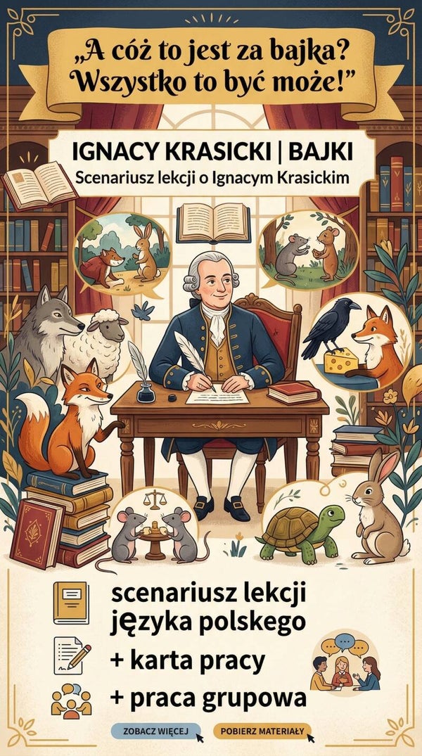 „A cóż to jest za bajka? Wszystko to być może!” – scenariusz lekcji o Ignacym Krasickim | scenariusz lekcji języka polskiego + karta pracy + praca grupowa