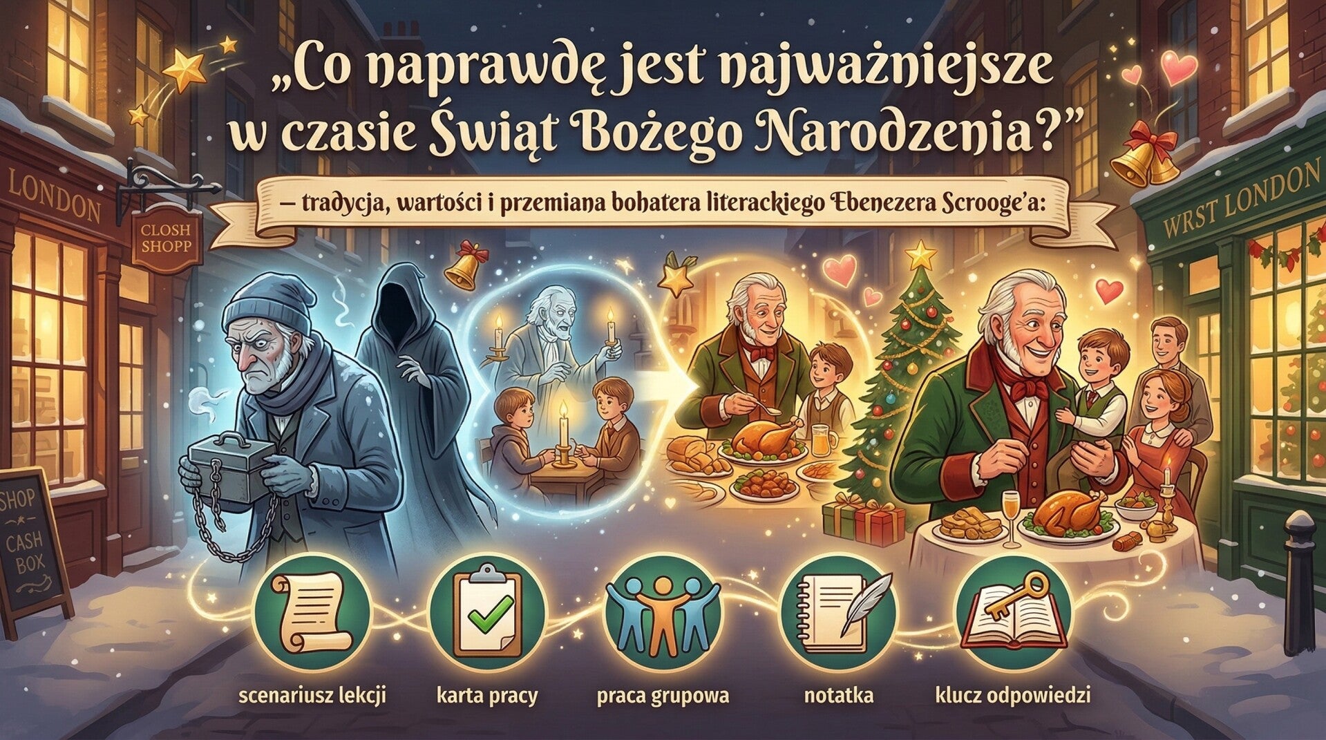 „Co naprawdę jest najważniejsze w czasie Świąt Bożego Narodzenia?” – tradycja, wartości i przemiana bohatera literackiego Ebenezera Scrooge'a na podstawie lektury "Opowieść wigilijna" | scenariusz + karta pracy + praca grupowa + klucz odpowiedzi