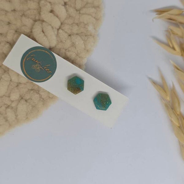 6hoekige blauwgroengoude oorstekers