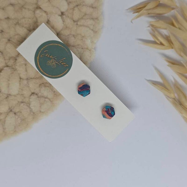 Kleine oorstekers - zeshoekig - roze blauw gemarmerd