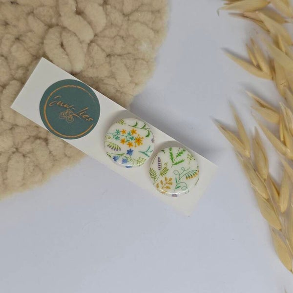 Grote oorstekers - rond - wit/bloemenprint
