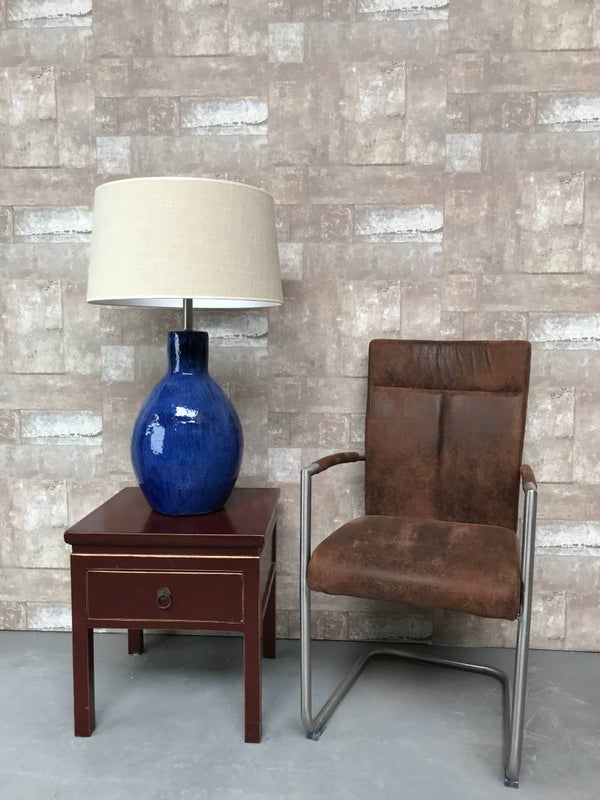 T011216 Tafellamp aardewerk blauw glazuur met creme linnen kap