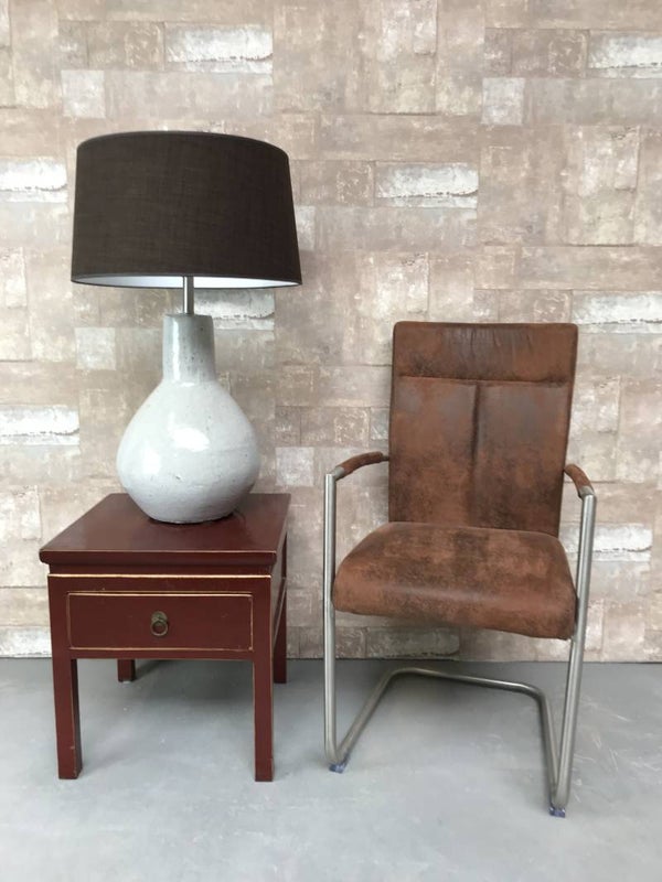 T020719 Tafellamp aardewerk blauw glazuur met linnen kap.