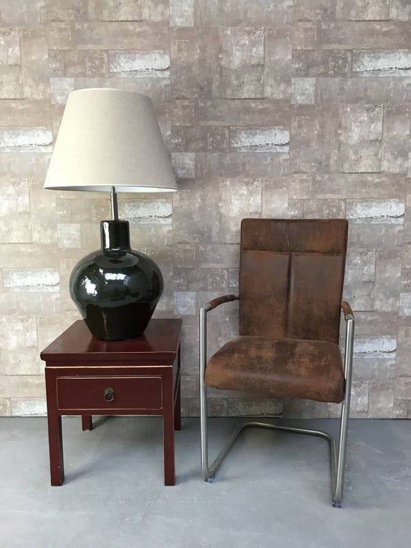 T031405 Tafellamp aardewerk donker groen glazuur met creme linnen kap.
