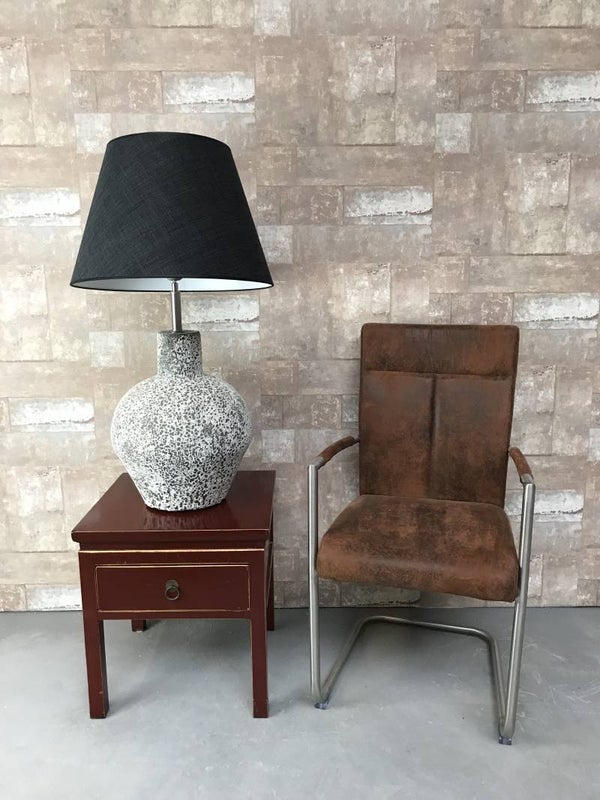 T037904 Tafellamp aardewerk ocean oxide met antraciet linnen kap.