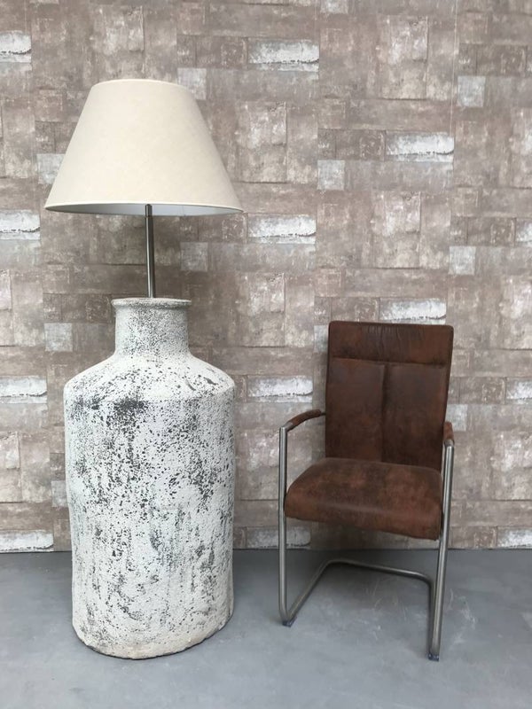 V017926 Vloerlamp aardewerk ocean oxide met creme linnen kap.