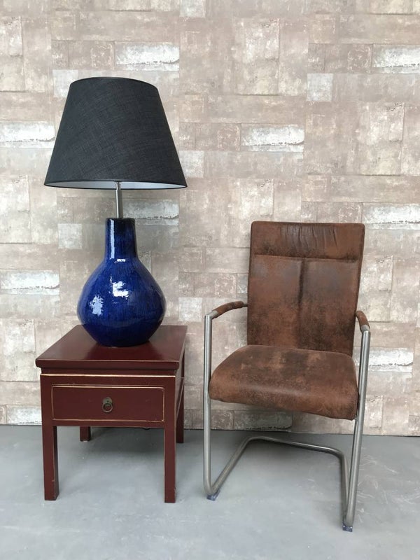 T021204 Tafellamp aardewerk blauw glazuur met antraciet linnen kap.