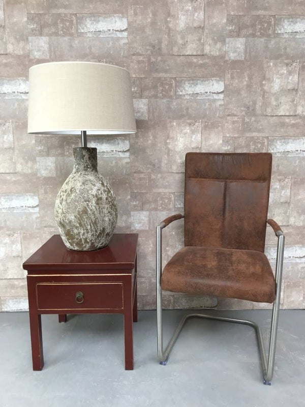 T017116 Tafellamp aardewerk atlantic met creme linnen kap.