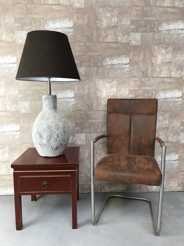 T017901 Tafellamp aardewerk ocean oxide met donker bruine linnen kap.