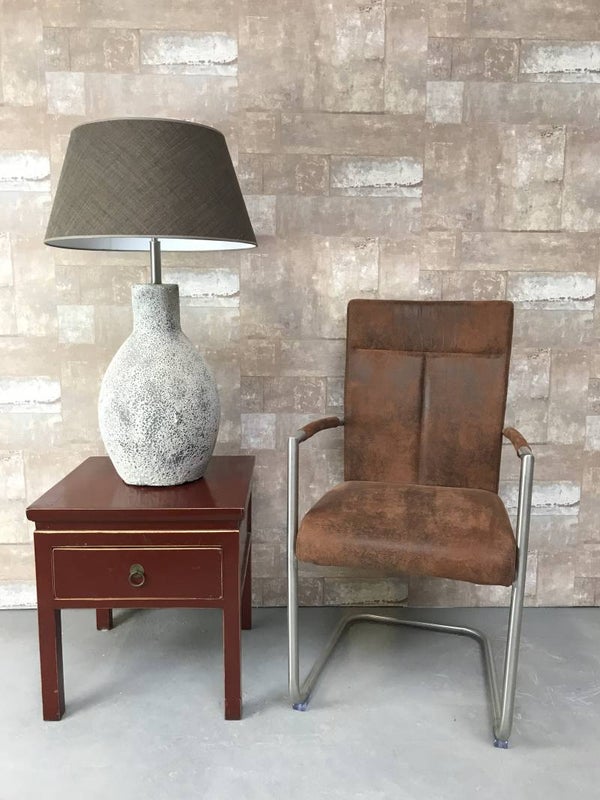 T017914 Tafellamp aardewerk ocean oxide met donker bruine linnen kap.