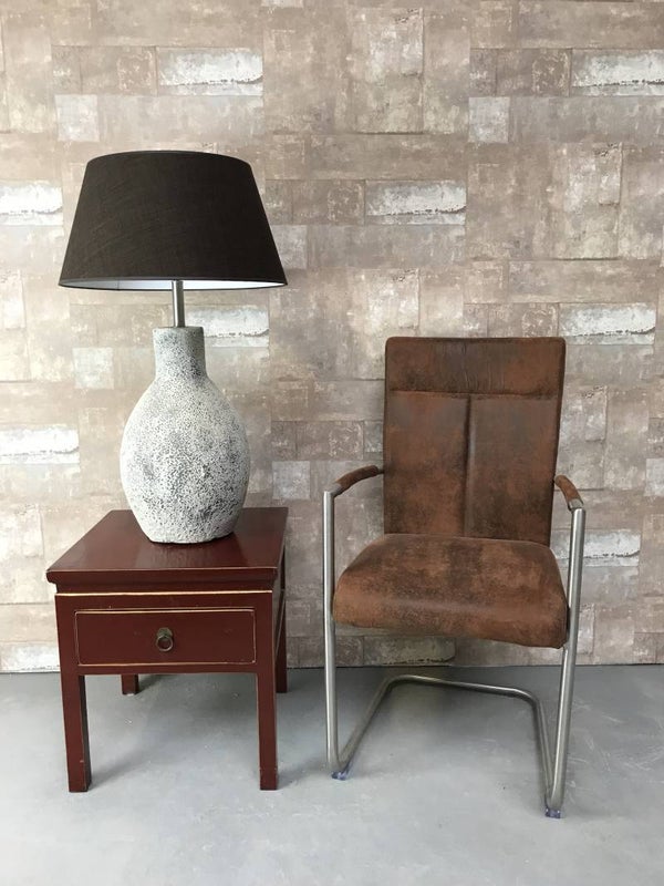 T017910 Tafellamp aardewerk ocean oxide met donker bruine linnen kap.