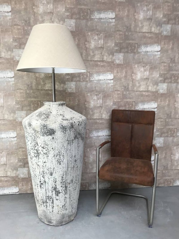 V057926 Vloerlamp aardewerk ocean oxide met creme linnen kap.