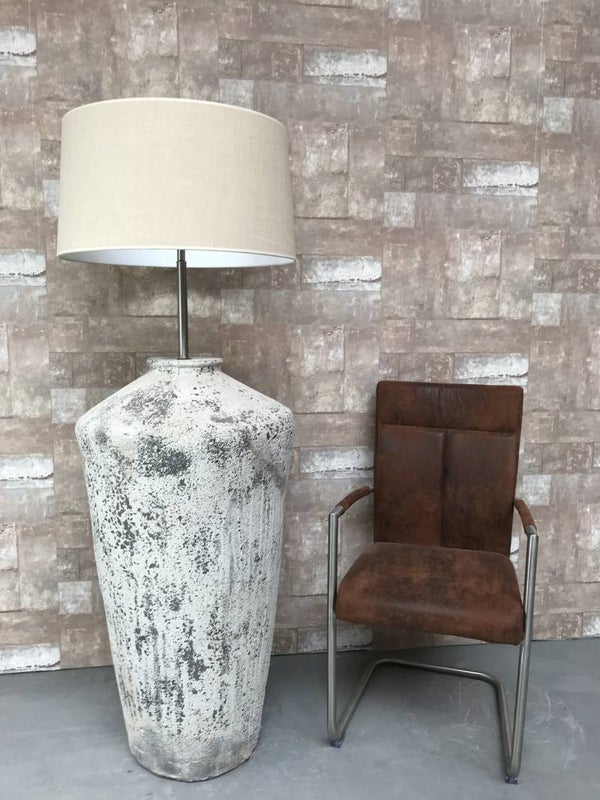 V057940 Vloerlamp aardewerk ocean oxide met creme linnen kap.
