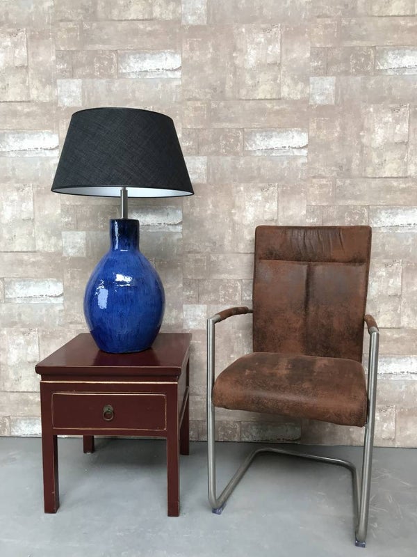 T011209 Tafellamp aardewerk blauw glazuur met antraciet linnen kap.