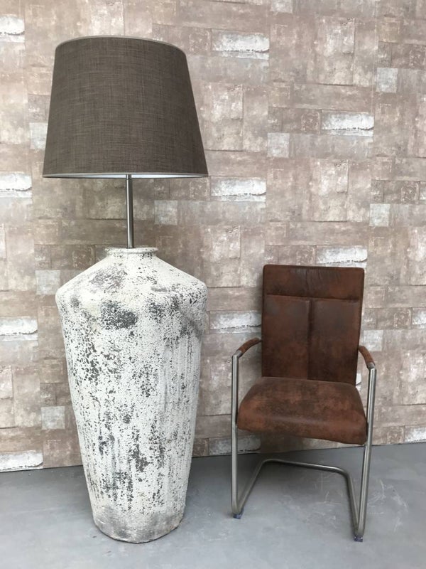 V057935 Vloerlamp aardewerk ocean oxide met bruine linnen kap.