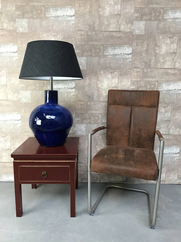 T031209 Tafellamp aardewerk blauw glazuur met antraciet linnen kap.