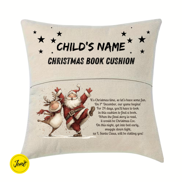 Christmas Book Cushion - Santa & Reindeer dancing (w/ small stars)