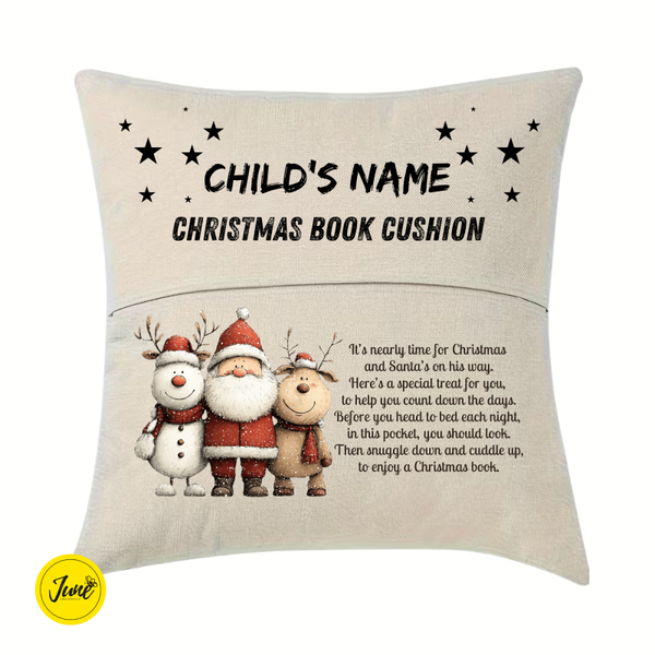 Christmas Book Cushion - Snowman & Santa & Reindeer (w/ small stars)