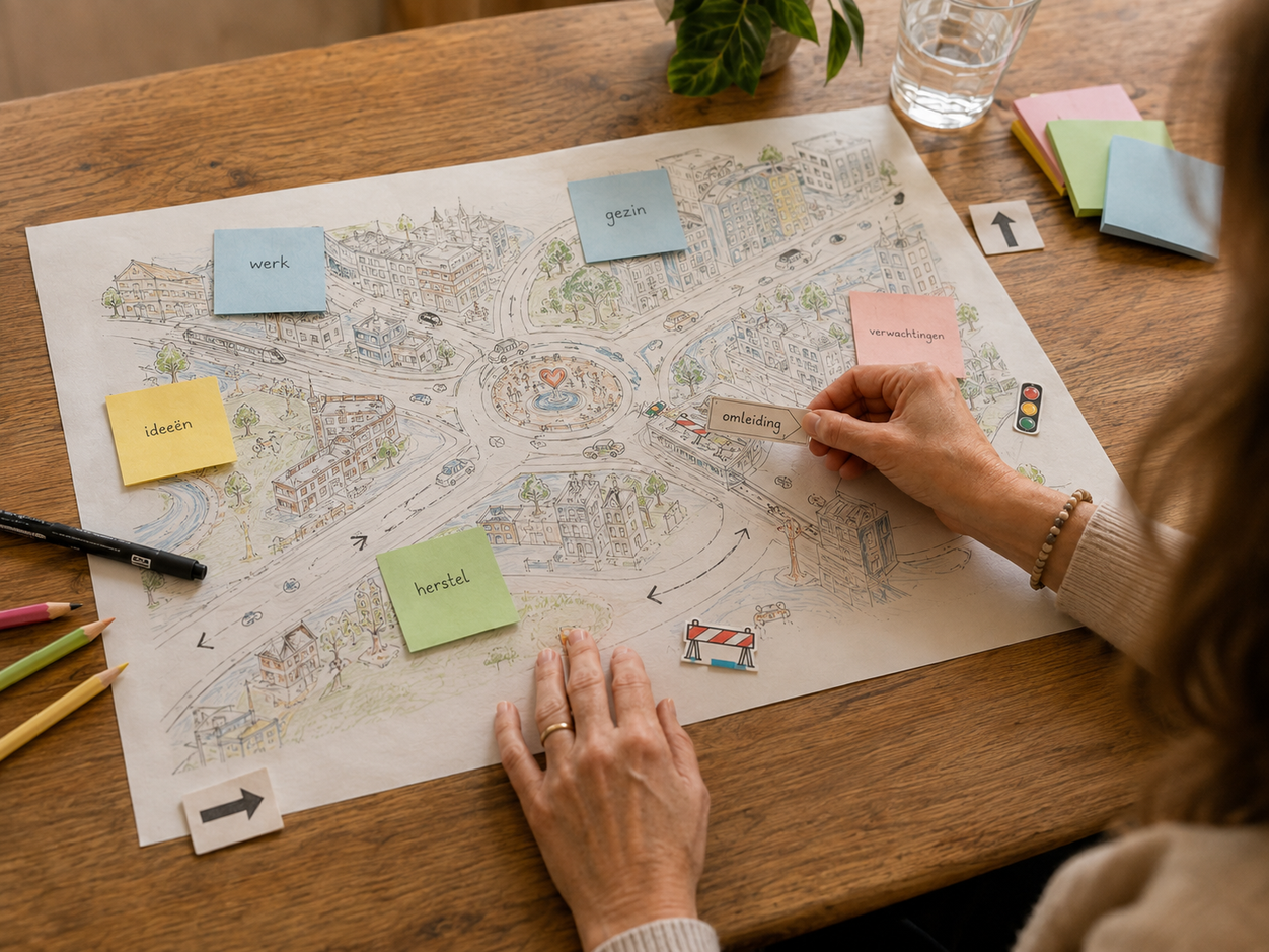 Werktafel met een persoonlijke stadskaart, post-its en kleurmaterialen voor De Kleurrijke Hoofdstad
