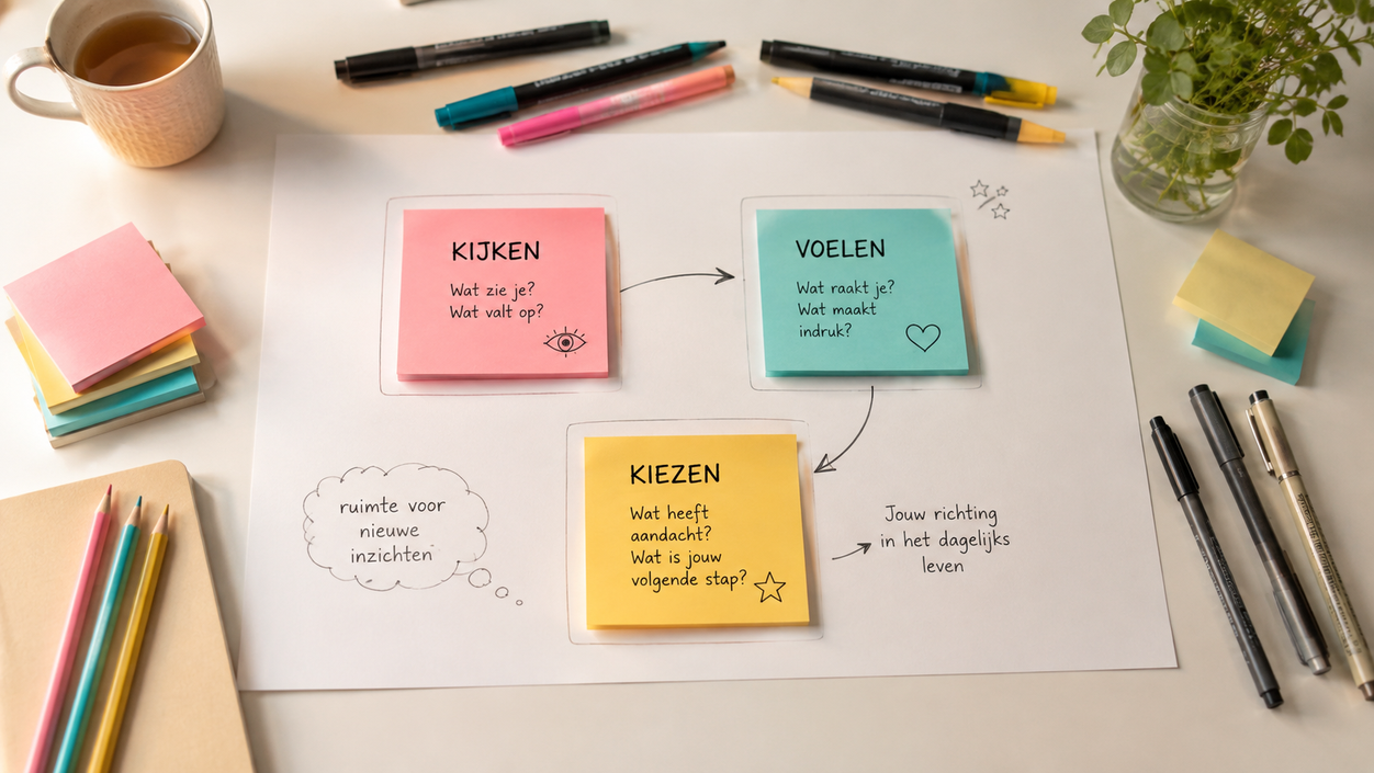Werkkaart van Kleurrijke Richting met drie gekleurde post-its: Kijken, Voelen en Kiezen, omringd door fineliners, kleurpotloden en ander creatief materiaal