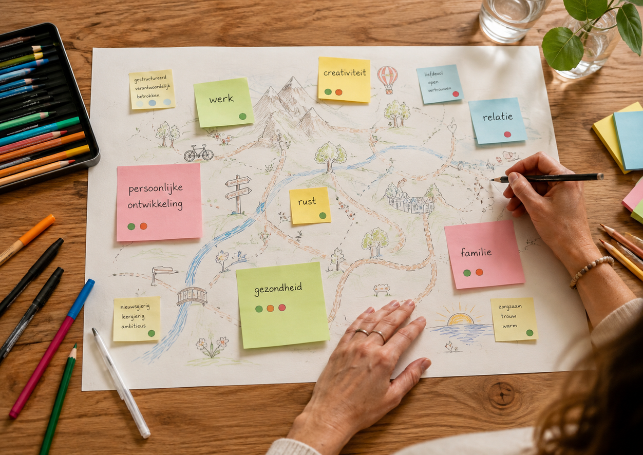 Een persoonlijk Kleurrijk Levenslandschap op tafel, opgebouwd met gekleurde post-its, tekeningen, kleurpotloden en fineliners