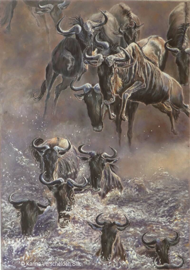 Pasteltekening migratie gnoes