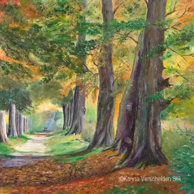 Olieverfschilderij van een herfstbos in prachtige kleuren