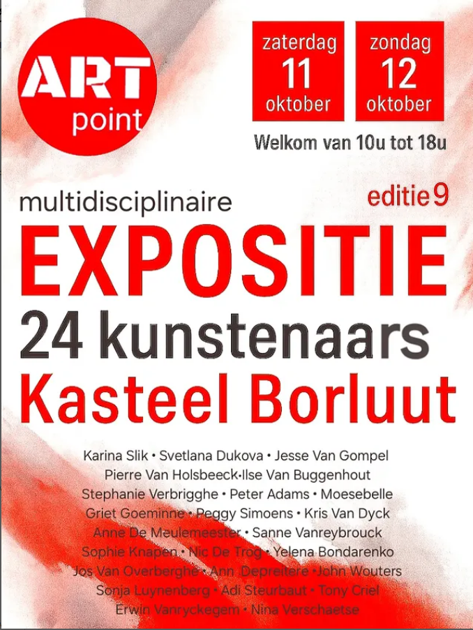 groepsexpositie aankondiging: in kasteel Borluut. 24 Kunstenaars aanwezig. 11 en 12 oktober. 