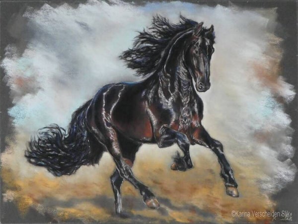 De zwarte parel. Pastel kunstwerk. Inclusief lijst; 40 x 50 cm