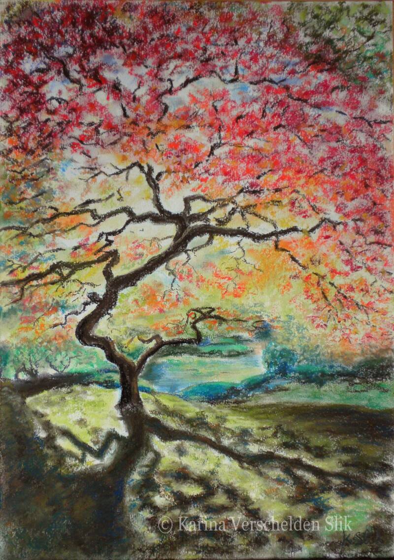 Pasteltekening van een kronkelige boom met rode herfsttooi