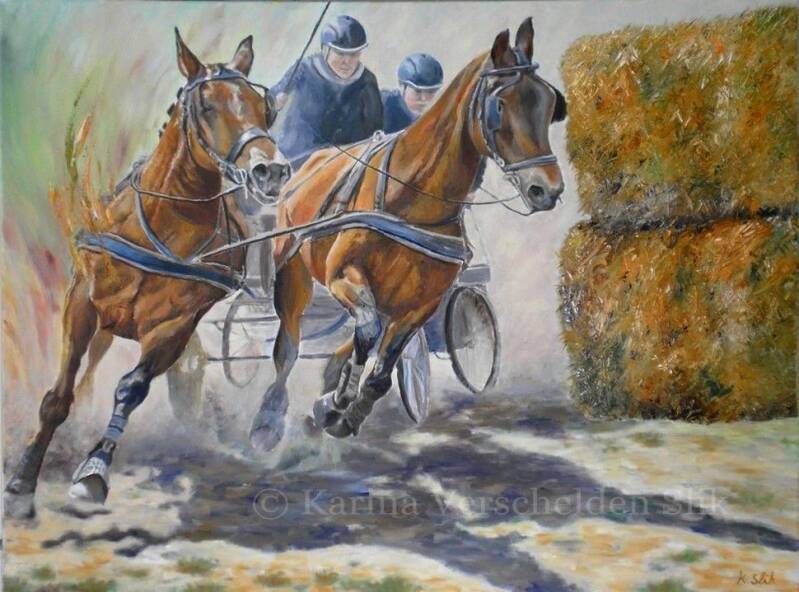 Olieverfschilderij Menpaarden die de bocht om komen