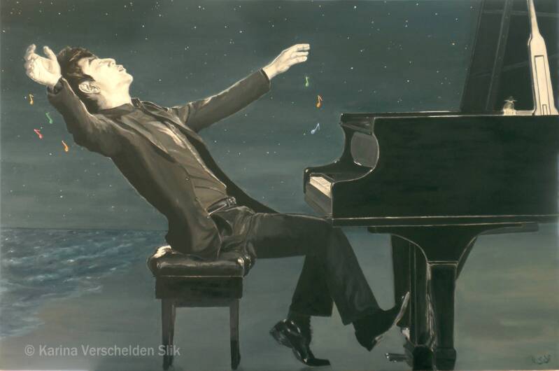 olieverfschilderij van een pianist in vervoering. De muziek is betoverend