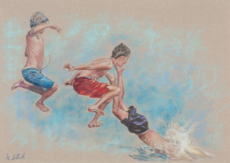 Kleurpotloodtekening springende jongens