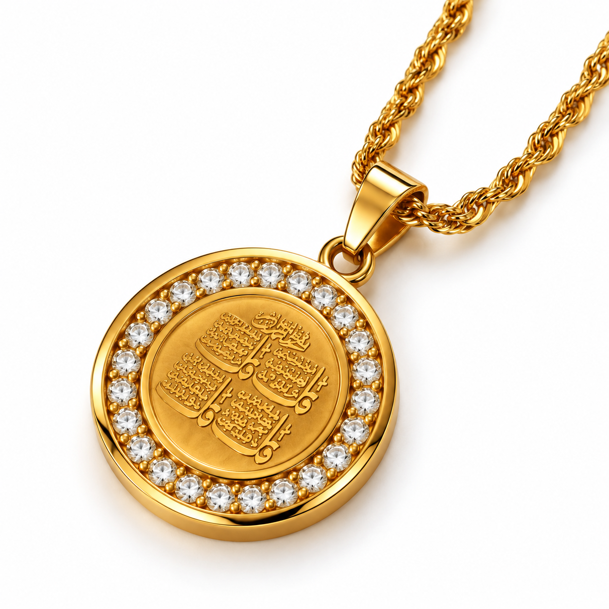 Zirkonia 4 Qul Suren Halskette gold mit Gravur der Schutzsuren und Zirkoniasteinen – NAZZORA Schmuck