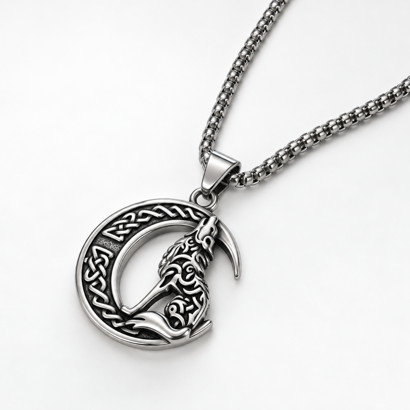Wolf Halskette Herren Eternal Howl Edelstahl Anhänger mit Mond Motiv