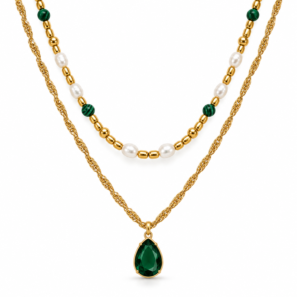 Smaragd Drop & Pearls Doppelkette