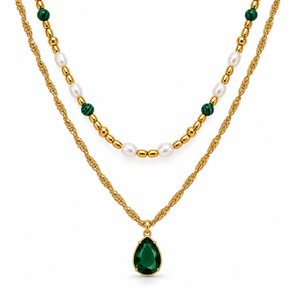 Smaragd Drop & Pearls Doppelkette