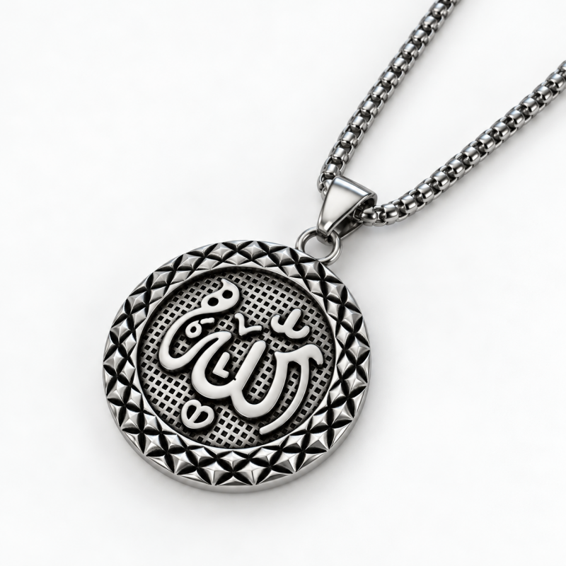 Allah Halskette Herren aus Edelstahl mit arabischer Schrift, Silber