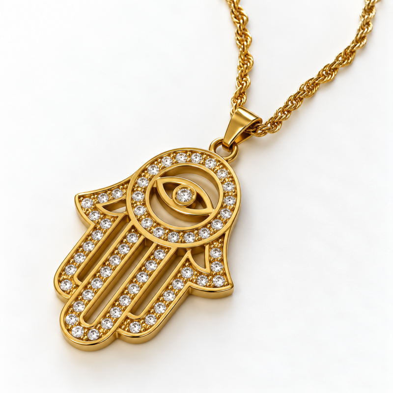 Zirkonia Hand Fatima Halskette gold mit Hamsa Anhänger und funkelnden Zirkoniasteinen – NAZZORA Schmuck