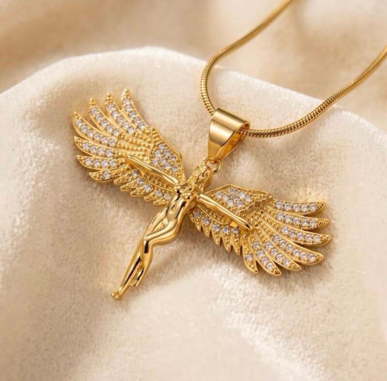 Schutzengel Halskette vergoldet mit Engelanhänger und Zirkoniasteinen in Gold und Silber