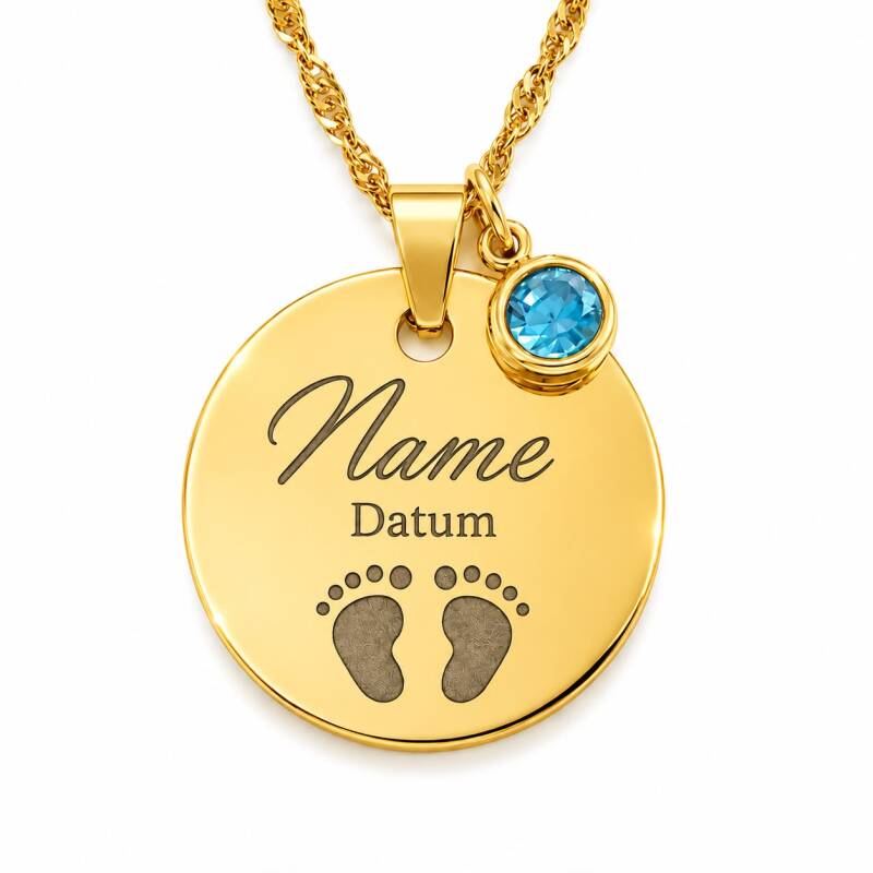 Gravur Halskette mit Baby-Fußabdruck, Wunschname und Datum in Gold und Silber