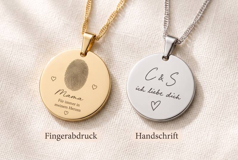 Gravur Halskette mit eigenem Wunschmotiv einseitig in Gold und Silber