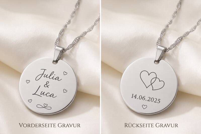 Gravur Halskette mit eigenem Wunschmotiv beidseitig in Gold und Silber